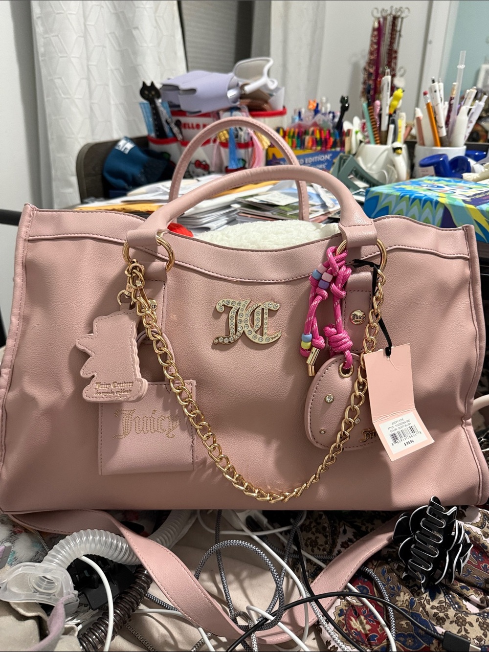 Juicy Couture Blush Pink Quilted Weekend Tote with Gold Chain